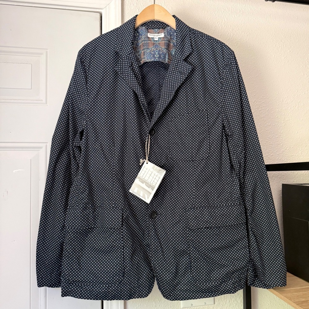 NWT ENGINEERED GARMENTS navy white cotton polka dot button up blazer jacket